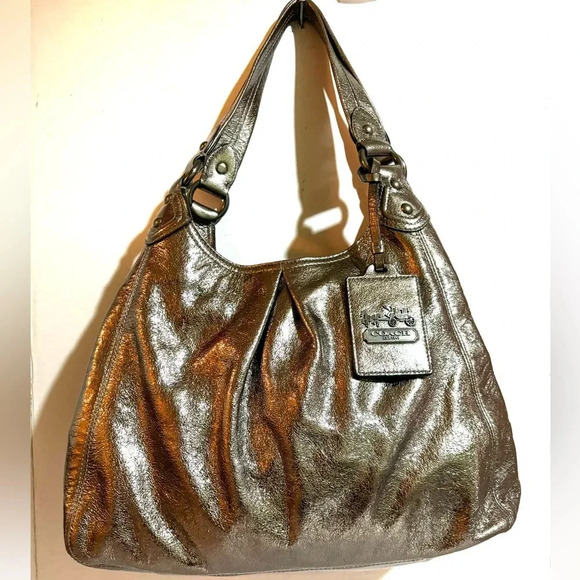 Coach Maggie bronze gray  metallic leather shoulder handbag - Picture 1 of 14